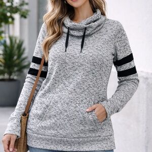 Peek Heart Gray Cowl Neck Pullover Sweatshirt Stripe Sleeve S